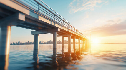 serene view of pier extending over calm waters, with modern city skyline in background, illuminated by warm sunset glow
