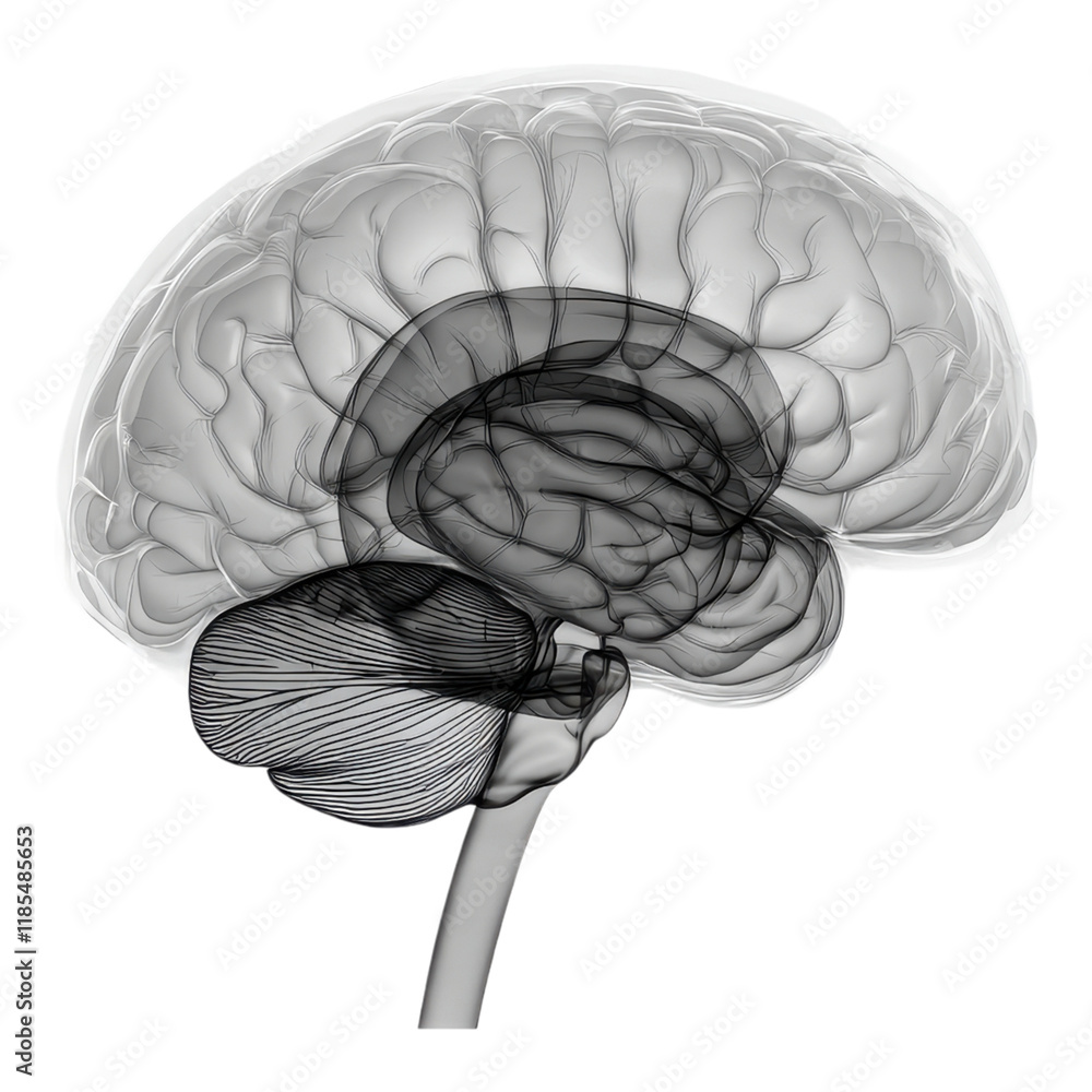 Poster a detailed illustration of a human brain showcasing its intricate structures and neural pathways.