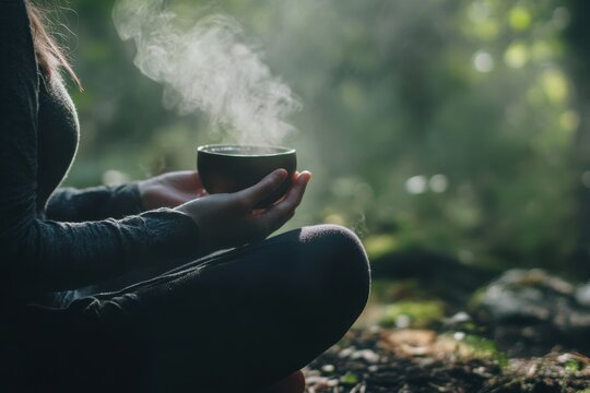 Calming tea meditation session in a serene forest clearing captured in a tranquil nature environment focusing on mindfulness and inner peace