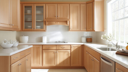Modern kitchen with wooden cabinets, white countertops, and natural light