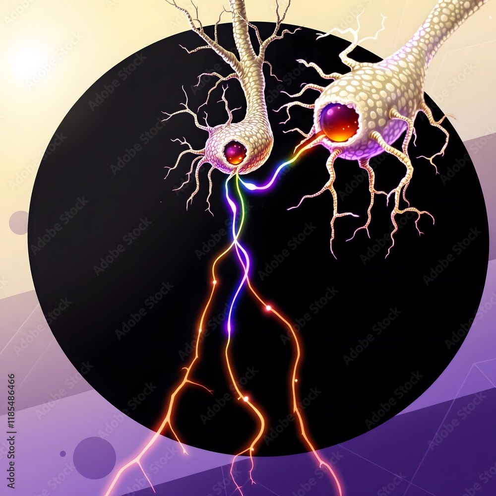 Poster neurons connecting with colorful electric charge on abstract background