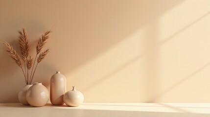 Fototapeta premium Serene Minimalist Home Decor Still Life with Neutral Tones and Dried Plants