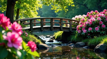 Serene wooden bridge arching over a tranquil stream, surrounded by vibrant pink blossoms and lush green foliage, creating a picturesque and peaceful scene in a garden setting
