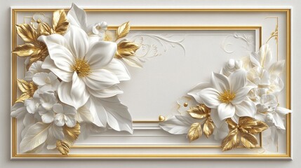 Elegant white gold floral wall art, 3D relief, luxury background, home decor