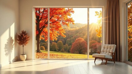 Serene Autumnal Vista Through Expansive Window in a Minimalist Room with a Comfortable Chair