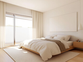 bright, modern bedroom featuring large bed, soft linens, and natural light. minimalist design includes wooden bed frame and cozy rug
