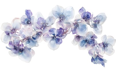 Delicate blue and purple flower arrangement on white background.