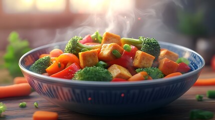 Colorful Veggie Stir Fry with Tofu and Broccoli in a Bowl Against a Bright Background