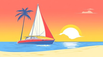 Naklejka premium Sailboat at Sunset near Tropical Beach with Palm Tree