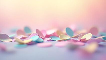 Fototapeta premium A close-up of colorful confetti gently falling against a pastel background, with soft lighting and a dreamy feel.