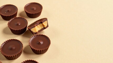 A delectable arrangement of chocolate cups filled with creamy peanut butter, one playfully broken to reveal its delightful center, displayed against a soft beige backdrop.
