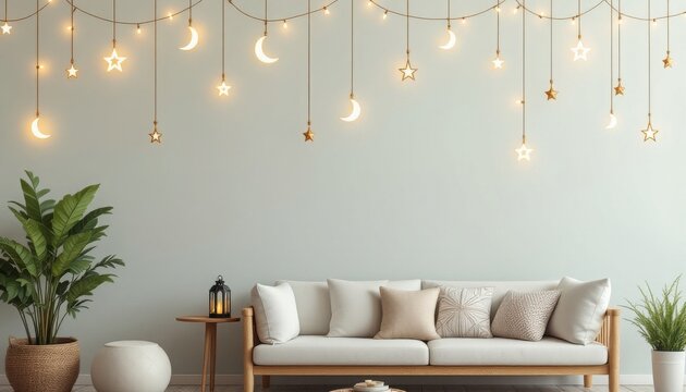 Cozy Living Room Decorated with String Lights Featuring Stars and Moons