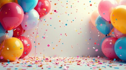 A jubilant celebration featuring vibrant balloons and colorful confetti, creating a festive and joyous atmosphere