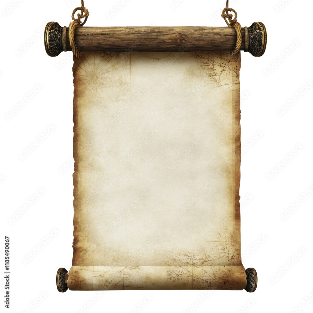 Aufkleber An aged parchment scroll hangs from a wooden roller with ornate end caps and rope,  providing a blank space for text or images.