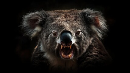 Fototapeta premium Close-up of growling koala bear on black background.