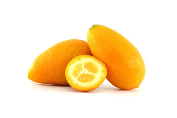Fresh Kumquats and a Sliced Piece on a White Background
