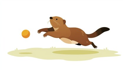 Obraz premium A playful beaver leaps toward an orange ball on a grassy surface, capturing a moment of fun and energy.