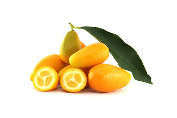 Fresh kumquats with leaf on white background
