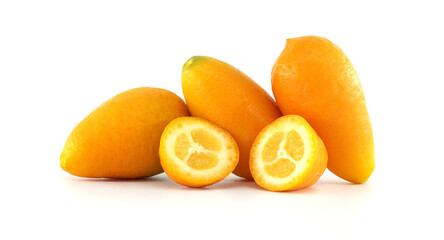 Fresh Kumquats Displayed Whole and Sliced on White Background