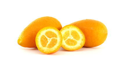 Fresh Kumquats and Halved Slices Displayed on a White Background