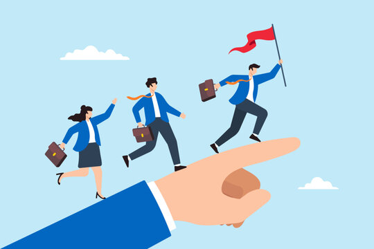 Flat illustration of businessman leader hold flag and run on hand pointing finger leading team members to success