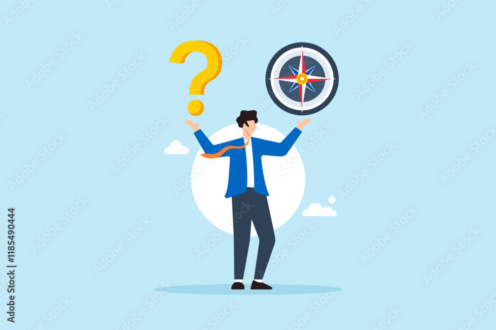 Poster flat illustration of businessman with question mark and compass symbolizing guidance and open ended 