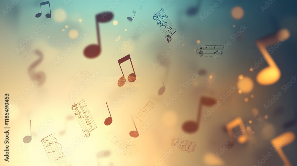 Poster musical notes floating in a soft glow background