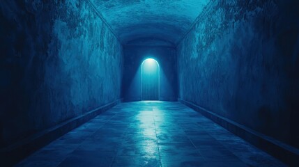 Fototapeta premium Mysterious Blue Corridor with Illuminated Doorway