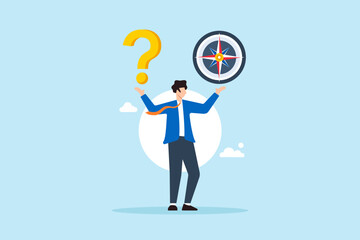 Flat illustration of businessman with question mark and compass symbolizing guidance and open ended question for solution