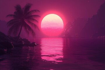 Vibrant Sunset Over Calm Water with Palm Tree
