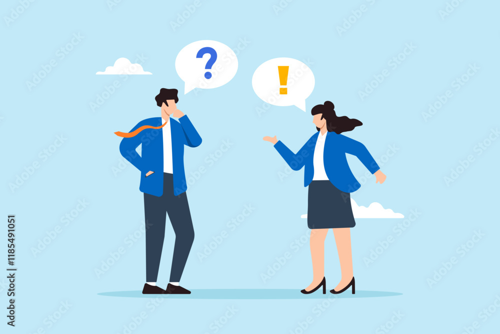Poster flat illustration of businessman and businesswoman ask answer with question and exclamation mark eng