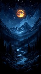 Fototapeta premium Enchanting Night Scene Moonlit Mountains, Starry Sky, and Serene River