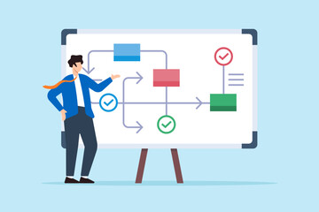 Flat illustration of businessman leader present workflow and procedure on board outlining steps to finish project