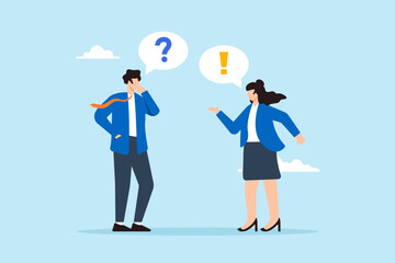 Flat illustration of businessman and businesswoman ask answer with question and exclamation mark engaging in QA session to solve workplace problem