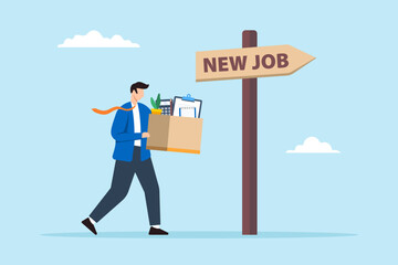 Flat illustration of businessman carrying stuff in box and moving to new job symbolizing career change and new opportunities