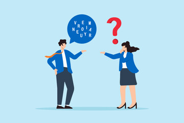 Flat illustration of businessman speak with jumbled letter in speech bubble symbolizing unclear message or confusion communication