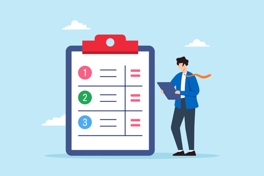 Flat illustration of project manager businessman organizing task by priority on clipboard work management planner