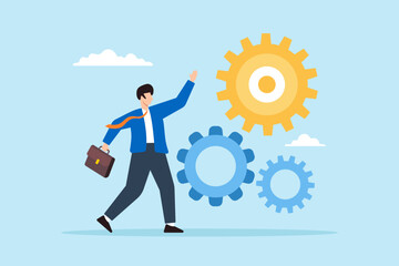 Flat illustration of business entrepreneur work with cogwheel symbolizing productivity and efficiency improvement
