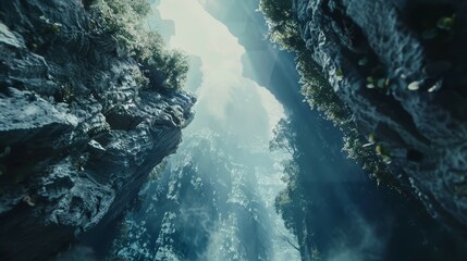 Upward view of a sunlit canyon with rugged cliffs and lush vegetation