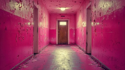 Vibrant Abandoned Hallway with Peeling Paint