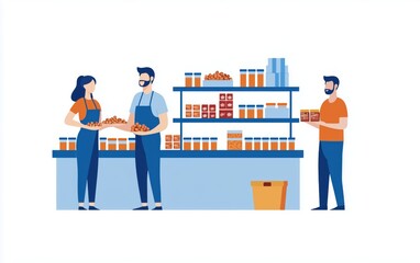 Food Bank Volunteers Organizing Canned Goods on Shelves - Flat Design Illustration