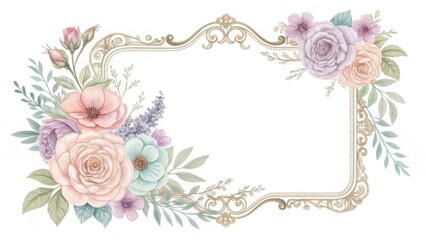 A decorative floral frame featuring pastel roses and leaves, ideal for invitations or announcements.