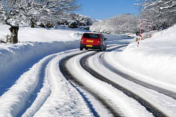 Winter Road with Fresh Snow and Clear Blue Sky