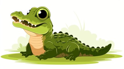 A cute, cartoon-style crocodile with large eyes, green skin, and a friendly expression lying on grass.