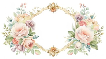 A decorative floral frame featuring soft pastel roses and greenery, perfect for invitations or announcements.