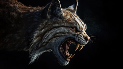 Close-up profile of a snarling lynx with bared fangs against a dark background.