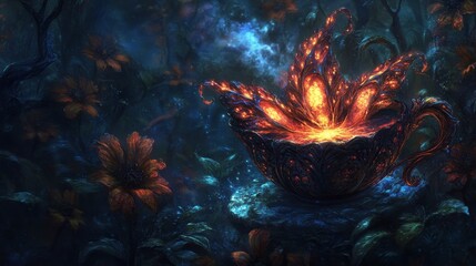 Glowing, bioluminescent flower in a dark, fantastical forest