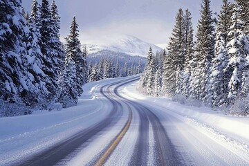 Obraz premium Winding Snowy Road Through a Winter Wonderland, Scenic Mountain Drive