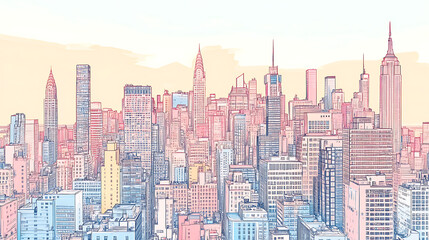 Fototapeta premium Trendy Line Art of Urban Cityscapes in Pastel Colors