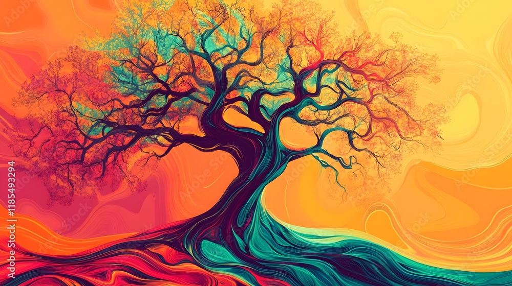 Poster abstract colorful tree with swirling background